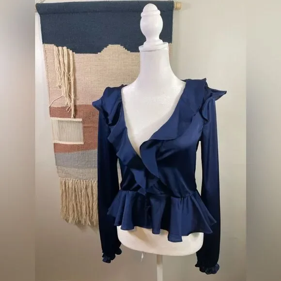 For Love and Lemons 🍋 Blue Satin Better Open Back Ruffle Blouse Size S - Picture 5 of 11